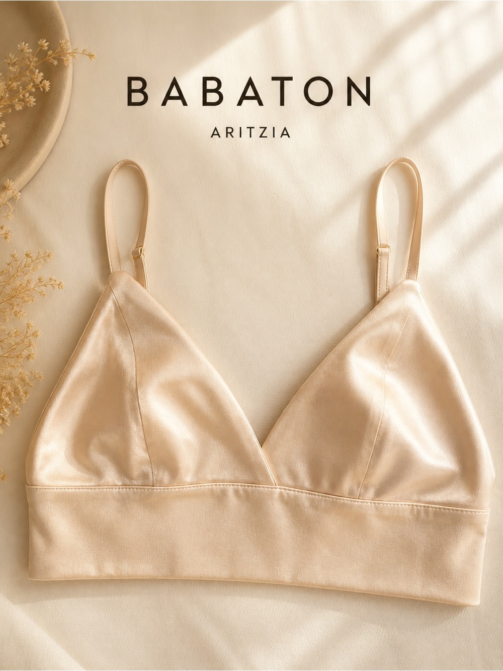 Aritzia Babaton Satin Triangle Bralette XS Blush Pink Beige Adjustable Straps